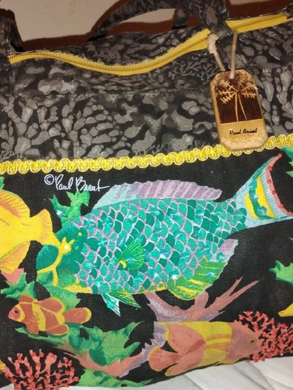Colorful Fish-Print Tote Bags in Black & Yellow - Paul Brent